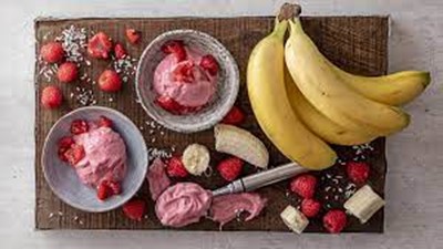 Banana and Raspberry Ice Cream and Coconut Cream